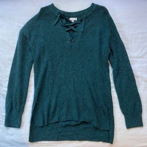Teal sweater with lace-up V